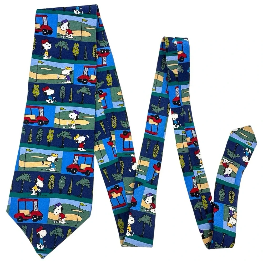 Peanuts Snoopy Golf Novelty Tie Red Blue Cartoon Print Silk Neck Tie Vintage 57